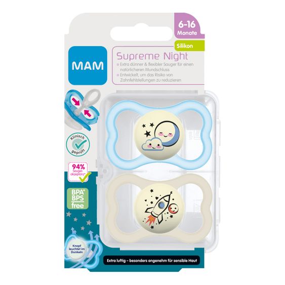MAM Leucht-Schnuller 2er Pack Supreme Night - Silikon 6-16 M - Mond & Rakete