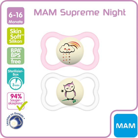 MAM Leucht-Schnuller 2er Pack Supreme Night - Silikon 6-16 M - Wolke & Eule