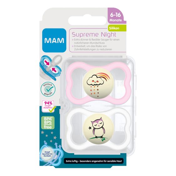 MAM Leucht-Schnuller 2er Pack Supreme Night - Silikon 6-16 M - Wolke & Eule