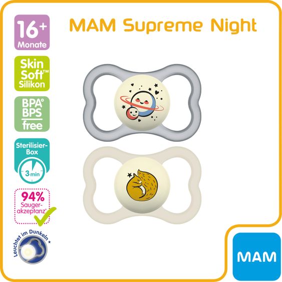 MAM Leucht-Schnuller 2er Pack Supreme Night - Silikon ab 16 M - Mond & Eichhorn