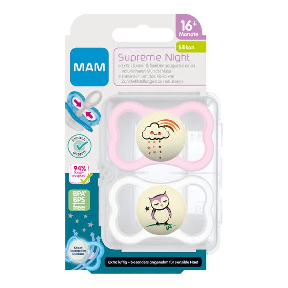 MAM Leucht-Schnuller 2er Pack Supreme Night - Silikon ab 16 M - Wolke & Eule