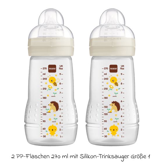 MAM PP-Flasche 2er Pack Easy Active Baby Bottle 270 ml - Silikon Gr. 1 - Biene & Igel