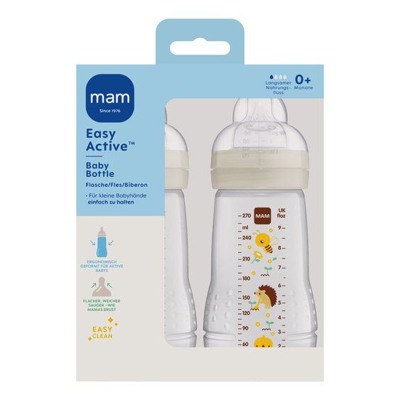 MAM PP-Flasche 2er Pack Easy Active Baby Bottle 270 ml - Silikon Gr. 1 - Biene & Igel