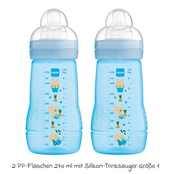 MAM PP-Flasche 2er Pack Easy Active Baby Bottle 270 ml - Silikon Gr. 1 - Hase - Blau