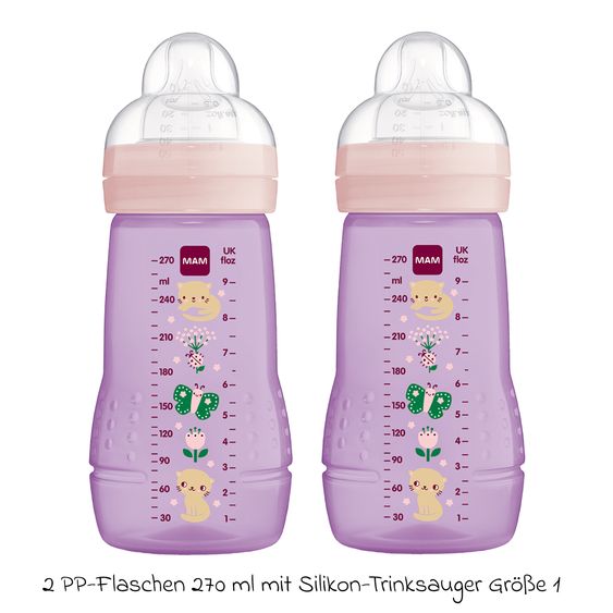 MAM PP bottle 2-pack Easy Active Baby Bottle 270 ml - silicone size 1 - cat & butterfly