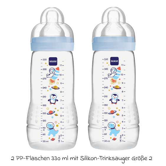 MAM PP-Flasche 2er Pack Easy Active Baby Bottle 330 ml - Silikon Gr. 2 - Weltall - Blau