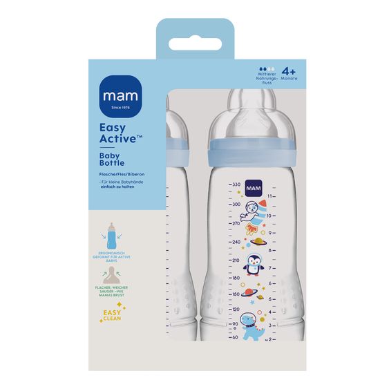 MAM PP-Flasche 2er Pack Easy Active Baby Bottle 330 ml - Silikon Gr. 2 - Weltall - Blau