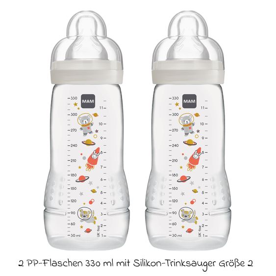 MAM PP bottle 2-pack Easy Active Baby Bottle 330 ml - silicone size 2 - space - gray