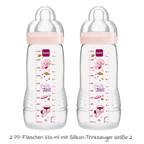 MAM Bottiglia PP 2-pack Easy Active Baby Bottle 330 ml - Silicone taglia 2 - Spazio - Rosa