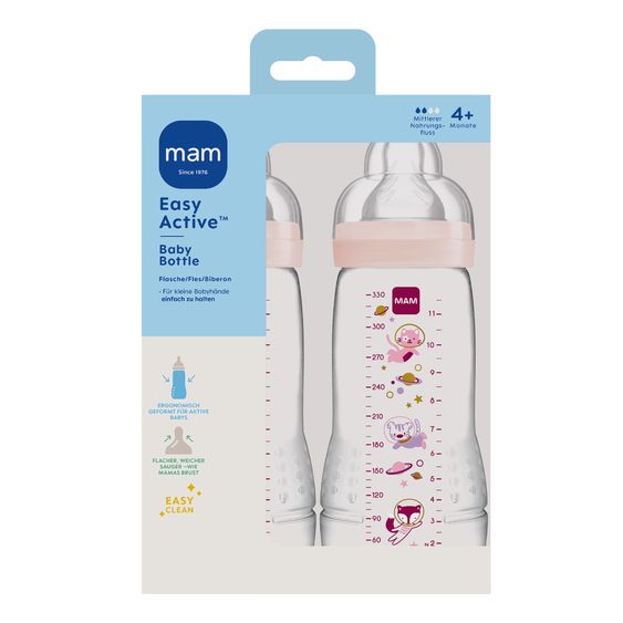 MAM Bottiglia PP 2-pack Easy Active Baby Bottle 330 ml - Silicone taglia 2 - Spazio - Rosa