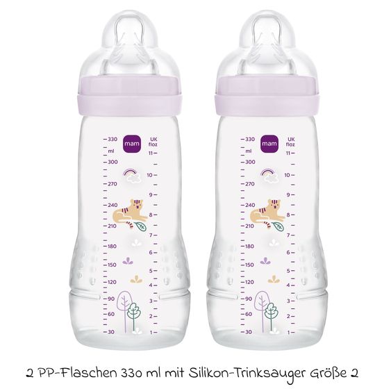 MAM PP-Flasche 2er Pack Easy Active Baby Bottle - Silikon 330 ml - Tiger - Gr. 2