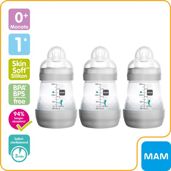 MAM PP-Flasche 3er Pack Easy Start Anti-Colic 160 ml - Grau