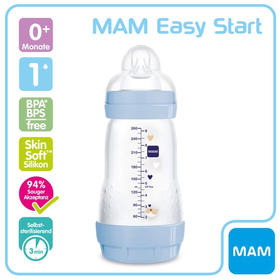 MAM PP-Flasche Easy Start Anti-Colic 260 ml + Silikon-Sauger Gr. 1 - Wal
