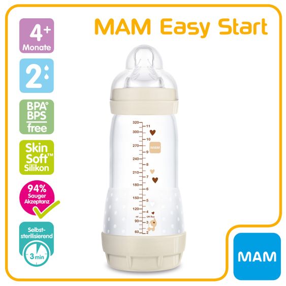 MAM PP-Flasche Easy Start Anti-Colic 320 ml + Silikon-Sauger Gr. 2 - Elefant & Giraffe