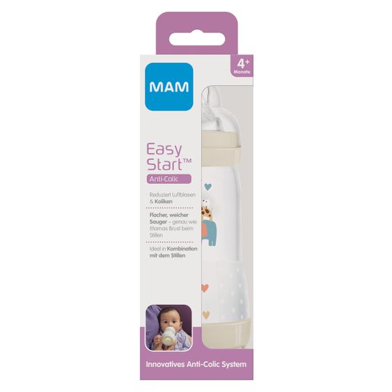 MAM PP-Flasche Easy Start Anti-Colic 320 ml + Silikon-Sauger Gr. 2 - Elefant & Giraffe