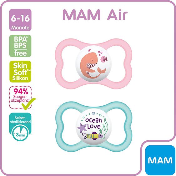 MAM Schnuller 2er Pack Air - Silikon 6-16 M - Wal & Ocean