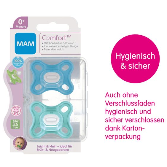 MAM Schnuller 2er Pack Comfort - Silikon Newborn 0-2 M - Blau Türkis