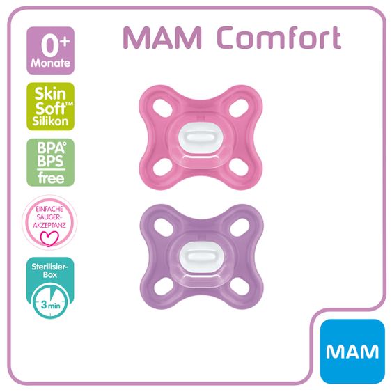 MAM Schnuller 2er Pack Comfort - Silikon Newborn 0-2 M - Pink Lila