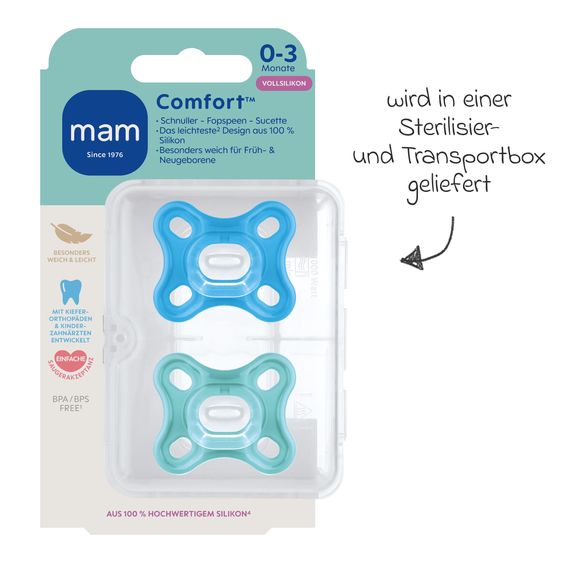 MAM Schnuller 2er Pack Comfort - Silikon Newborn 0-3 M - Blau & Türkis