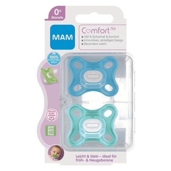 MAM Schnuller 2er Pack Comfort - Silikon Newborn ab 0 M - Blau Grün