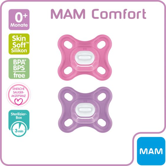 MAM Schnuller 2er Pack Comfort - Silikon Newborn ab 0 M - Rosa Lila