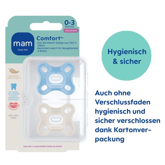 MAM Schnuller 2er Pack Comfort - Silikon Newborn - Blau - Gr. 0-3 M