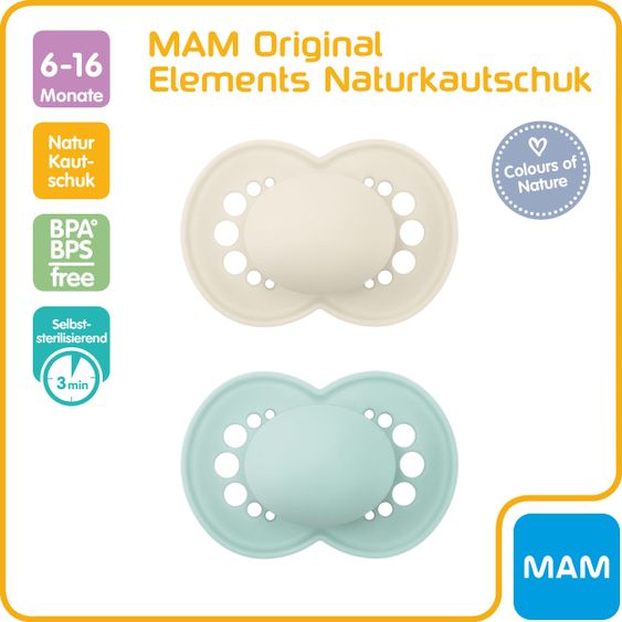 MAM Schnuller 2er Pack Original Elements - Latex 6-16 M - Mint Beige