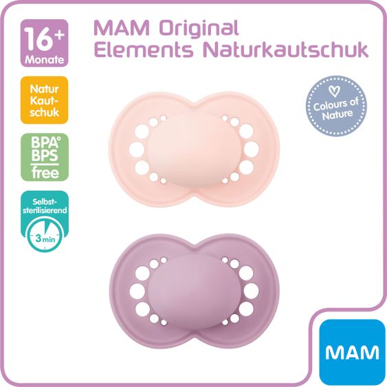 MAM Schnuller 2er Pack Original Elements - Latex ab 16 M - Rosa Lila