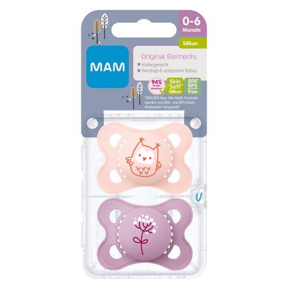 MAM Schnuller 2er Pack Original Elements - Silikon 0-6 M - Eule & Blume