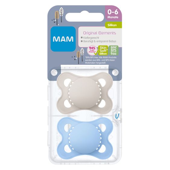 MAM Schnuller 2er Pack Original Elements - Silikon 0-6 M - Grau Blau