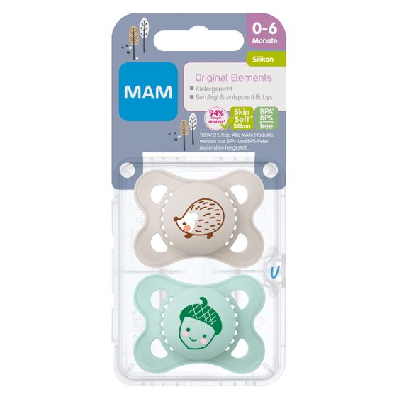 MAM Schnuller 2er Pack Original Elements - Silikon 0-6 M - Igel & Eichel
