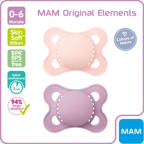 MAM Schnuller 2er Pack Original Elements - Silikon 0-6 M - Rosa Lila