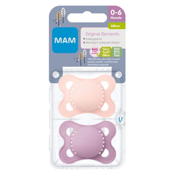 MAM Schnuller 2er Pack Original Elements - Silikon 0-6 M - Rosa Lila