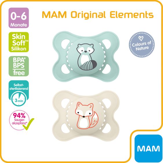 MAM Schnuller 2er Pack Original Elements - Silikon 0-6 M - Waschbär & Fuchs