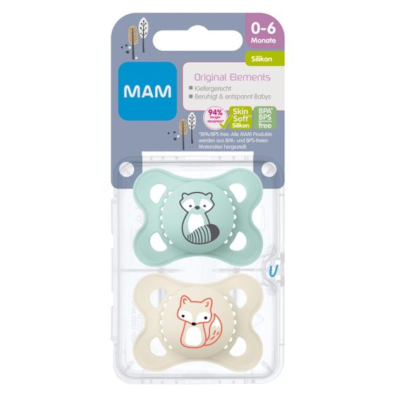 MAM Schnuller 2er Pack Original Elements - Silikon 0-6 M - Waschbär & Fuchs