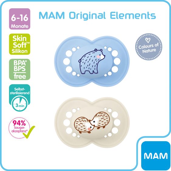 MAM Schnuller 2er Pack Original Elements - Silikon 6-16 M - Bär & Igel