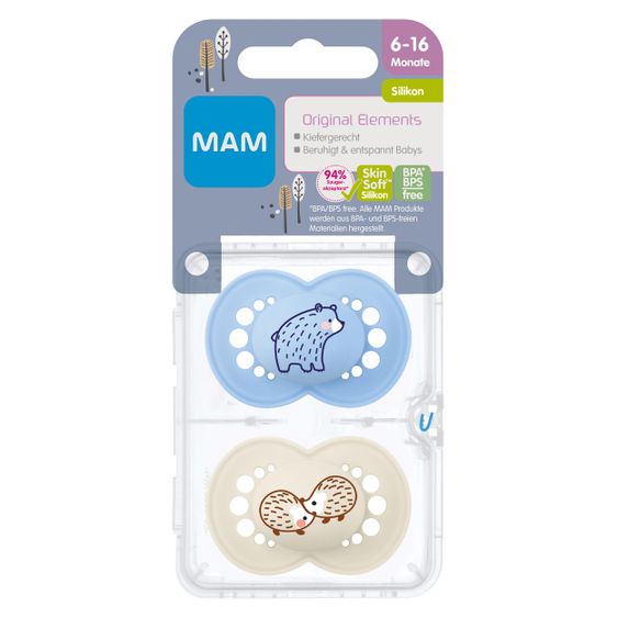 MAM Schnuller 2er Pack Original Elements - Silikon 6-16 M - Bär & Igel