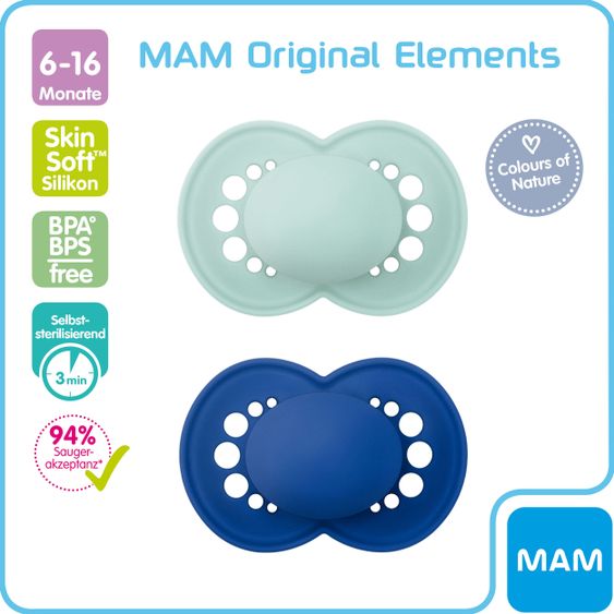 MAM Schnuller 2er Pack Original Elements - Silikon 6-16 M - Mint Blau