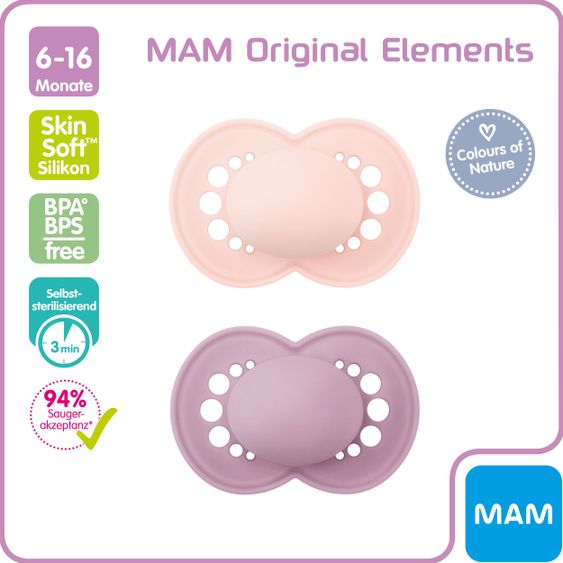 MAM Schnuller 2er Pack Original Elements - Silikon 6-16 M - Rosa Lila