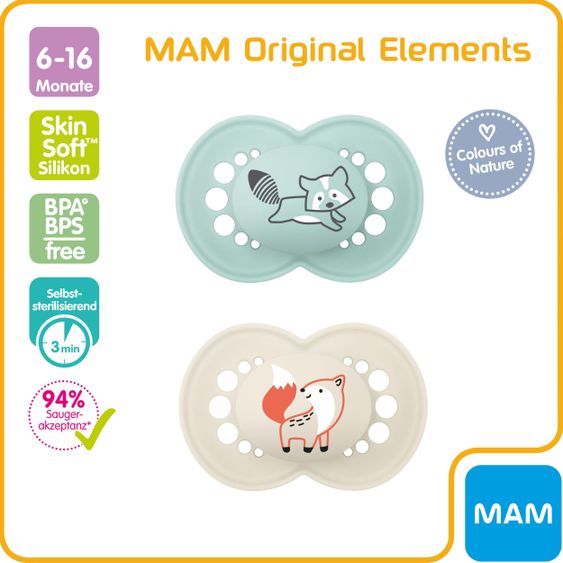 MAM Schnuller 2er Pack Original Elements - Silikon 6-16 M - Waschbär & Fuchs