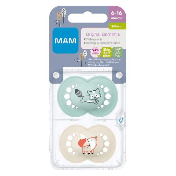 MAM Schnuller 2er Pack Original Elements - Silikon 6-16 M - Waschbär & Fuchs