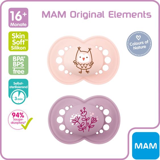MAM Schnuller 2er Pack Original Elements - Silikon ab 16 M - Eule & Blume
