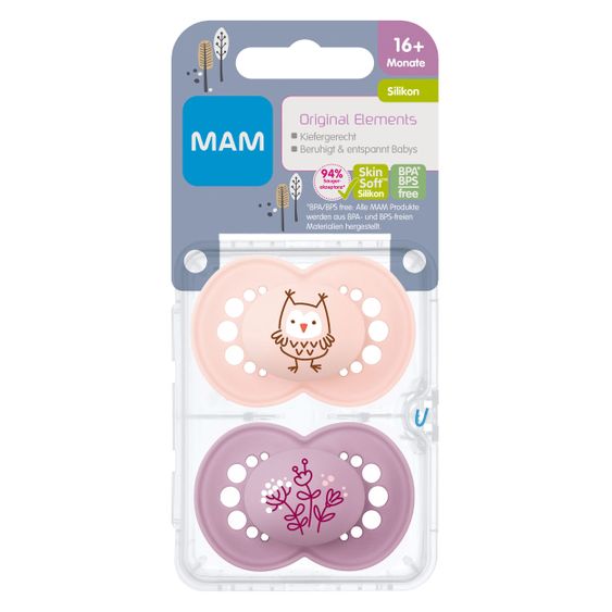 MAM Schnuller 2er Pack Original Elements - Silikon ab 16 M - Eule & Blume