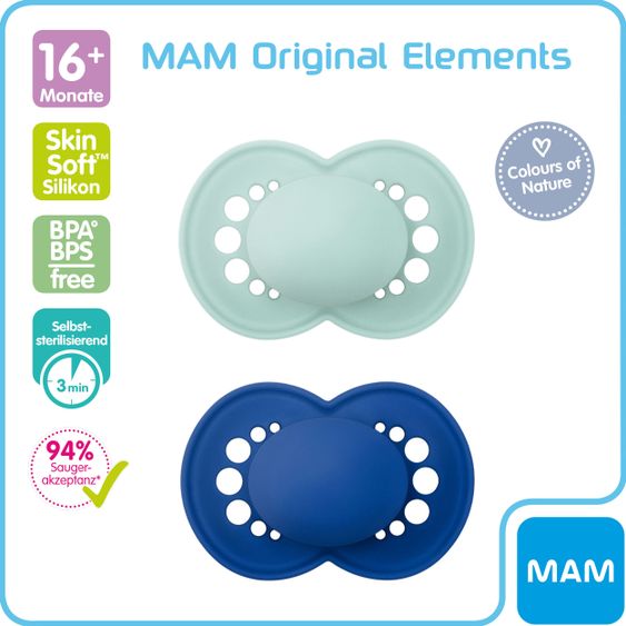 MAM Schnuller 2er Pack Original Elements - Silikon ab 16 M - Mint Blau