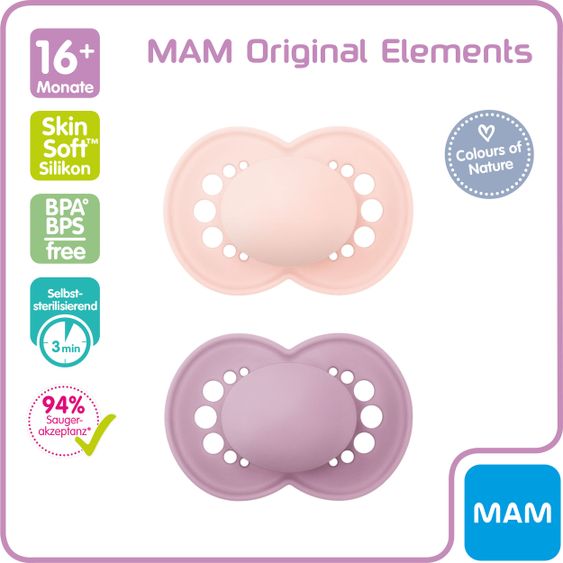 MAM Schnuller 2er Pack Original Elements - Silikon ab 16 M - Rosa Lila