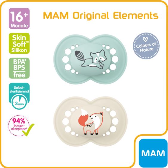 MAM Schnuller 2er Pack Original Elements - Silikon ab 16 M - Waschbär & Fuchs