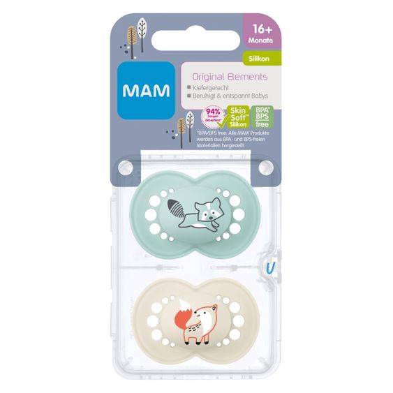 MAM Schnuller 2er Pack Original Elements - Silikon ab 16 M - Waschbär & Fuchs
