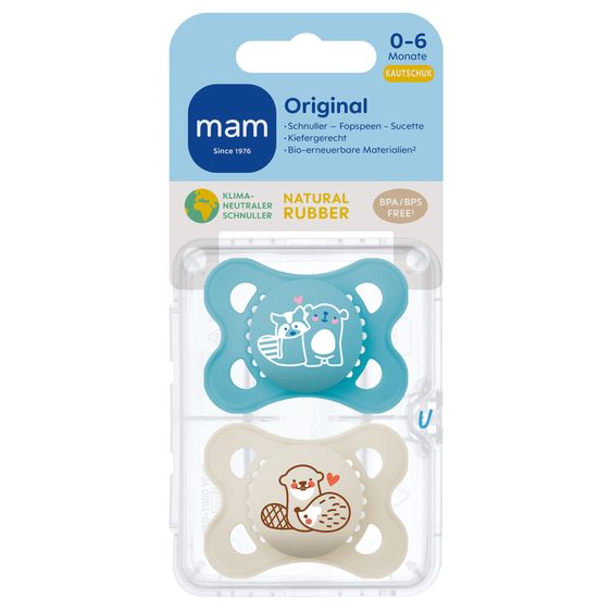 MAM Ciuccio 2-pack Original Pure - Gomma naturale 0-6 M - Orso e lontra