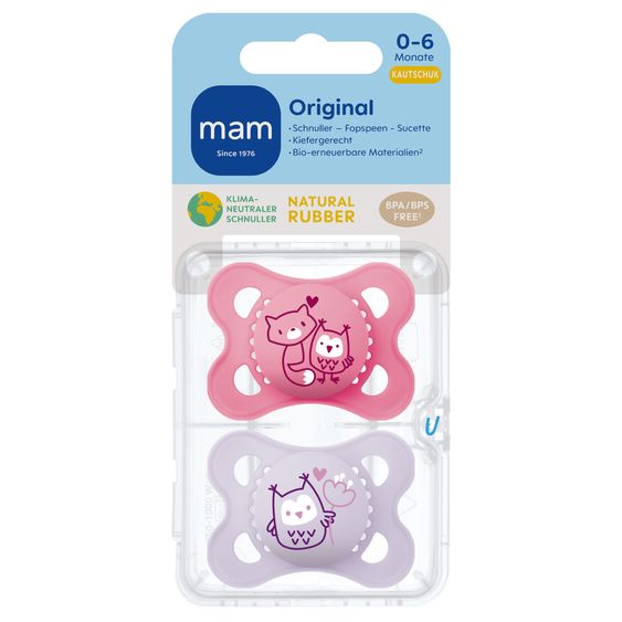 MAM Ciuccio 2 Pack Original Pure - Gomma naturale 0-6 M - Volpe e Gufo