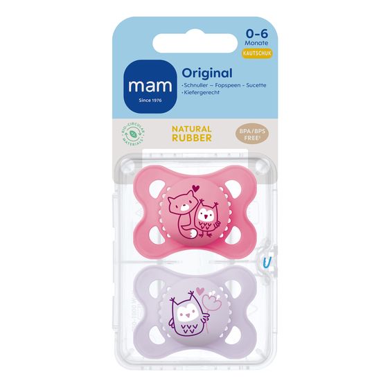 MAM Schnuller 2er Pack Original - Naturkautschuk 0-6 M - Fuchs & Eule